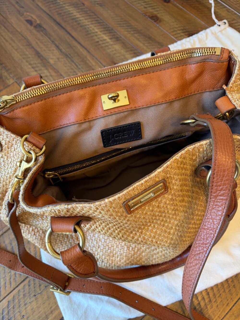 J.Crew Brompton Small Shoulder Top Handle Straw Leather Bag w./ Cross Body Strap - Picture 3 of 6
